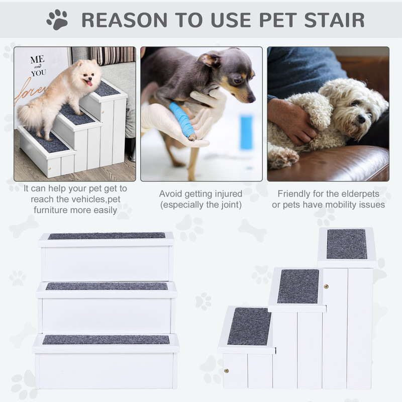 3Step Wood Pet Stairs With NonSlip Carpet Safe Ramp For Cats Small Dogs 3