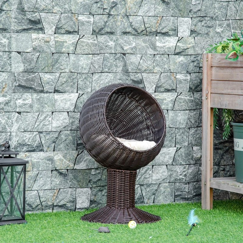 27 Rattan Wicker Elevated Cat House Cozy Kitty Scratch House With Plush Cushion Boho Pet Bed 4