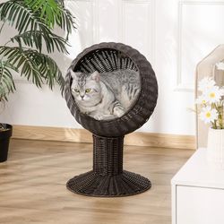 27" rattan wicker elevated cat house – cozy kitty scratch house with plush cushion, boho pet bed
