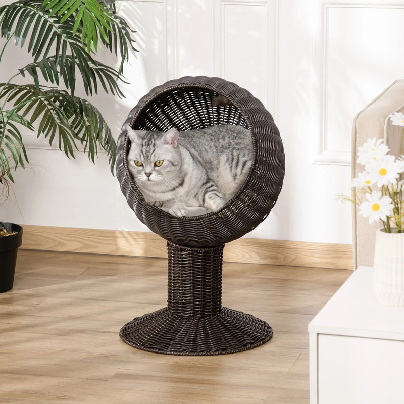 27 Rattan Wicker Elevated Cat House Cozy Kitty Scratch House With Plush Cushion Boho Pet Bed 0
