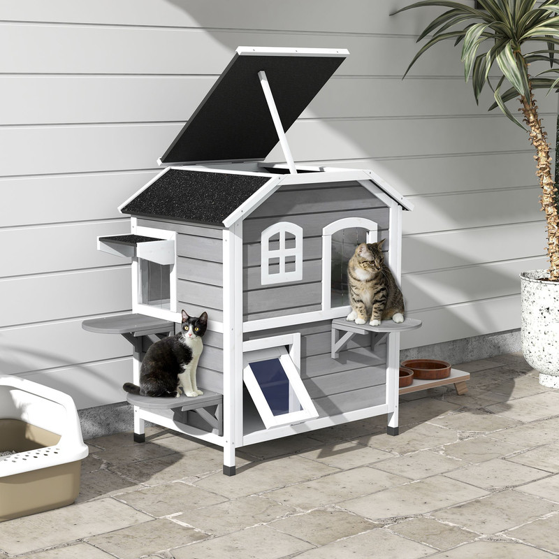 PawHut 2Story Wooden Cat House Waterproof Outdoor Cat Shelter With Openable Roof Balcony TwoTier D 6