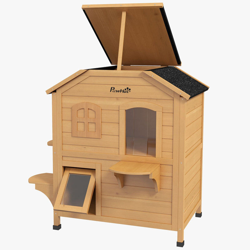 PawHut 2Story Wooden Cat House Waterproof Outdoor Cat Shelter With Openable Roof Balcony TwoTier D 14