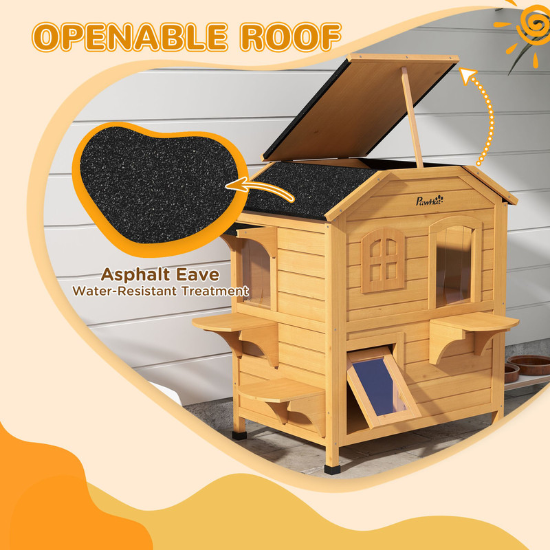 PawHut 2Story Wooden Cat House Waterproof Outdoor Cat Shelter With Openable Roof Balcony TwoTier D 15