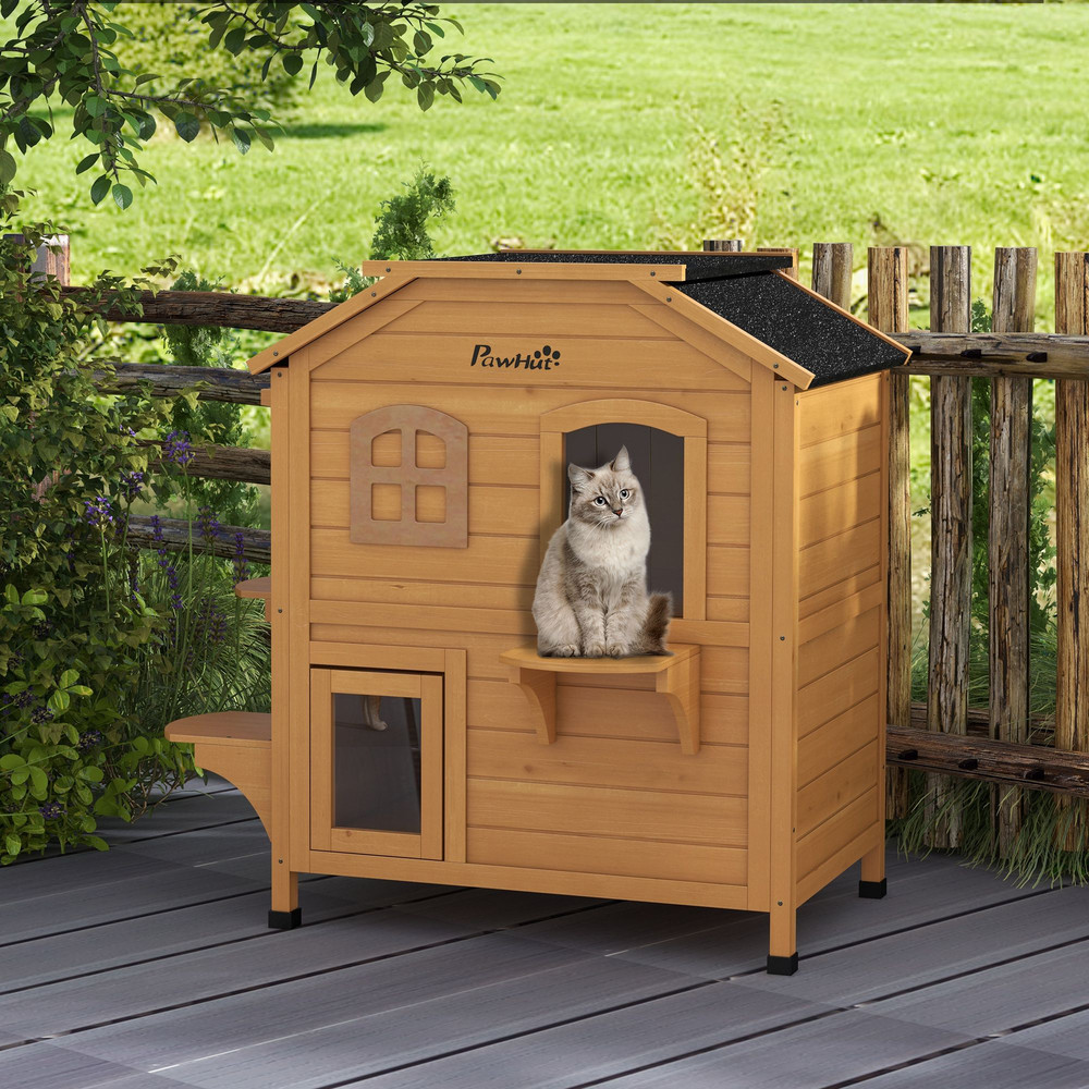 PawHut 2Story Wooden Cat House Waterproof Outdoor Cat Shelter With Openable Roof Balcony TwoTier D 11