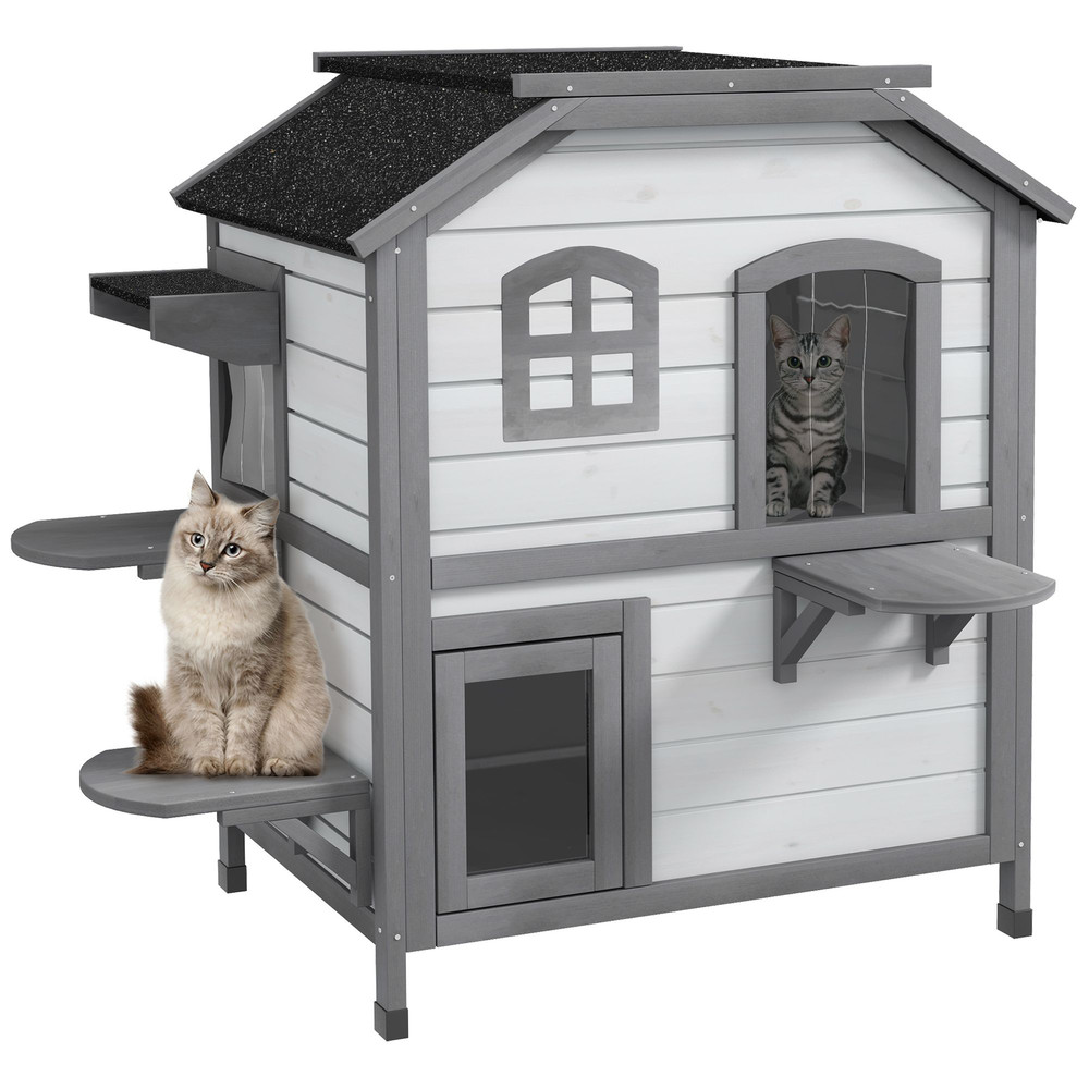 PawHut 2Story Wooden Cat House Waterproof Outdoor Cat Shelter With Openable Roof Balcony TwoTier D 0