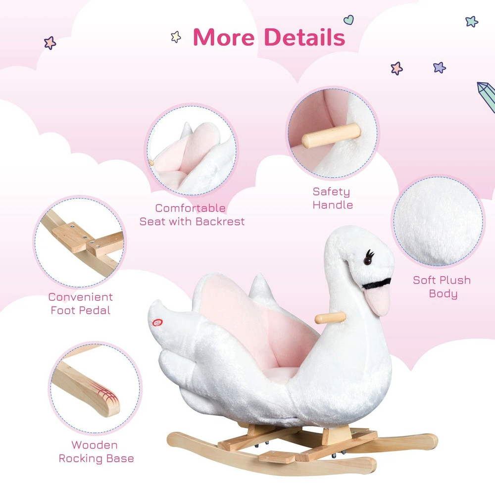 Qaba Plush Kids RideOn Toy Swan Style Rocking Horse With Music Soft Fabric Animal Rocker Seat Gi 1
