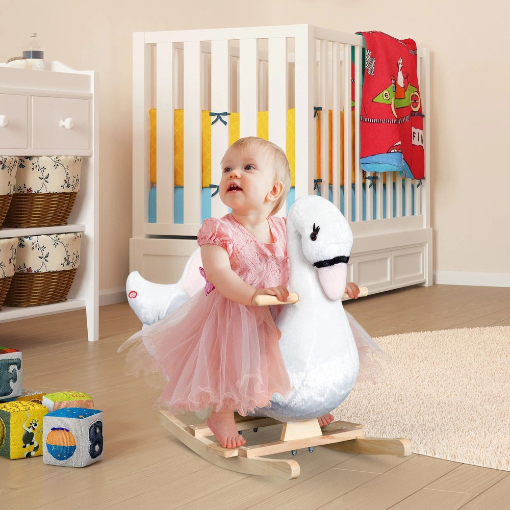 Qaba Plush Kids RideOn Toy Swan Style Rocking Horse With Music Soft Fabric Animal Rocker Seat Gi 3
