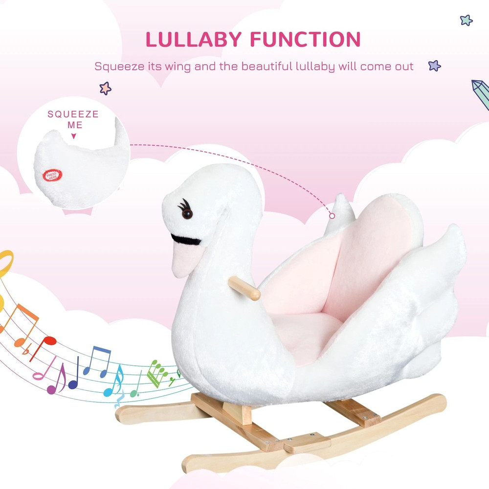 Qaba Plush Kids RideOn Toy Swan Style Rocking Horse With Music Soft Fabric Animal Rocker Seat Gi 5