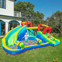 ultimate kids inflatable bounce house slide water gun pool climbing wall with inflator, outdoor backyard party fun