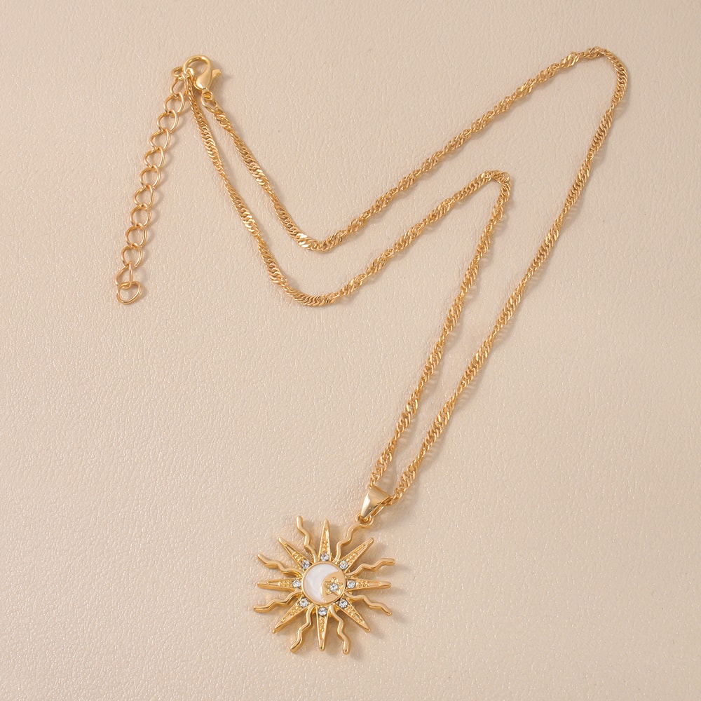 Vintage Gold Sun Moon Pendant Necklace for Women, Shining Rhinestone Unique Design, Trendy Geometric Choker