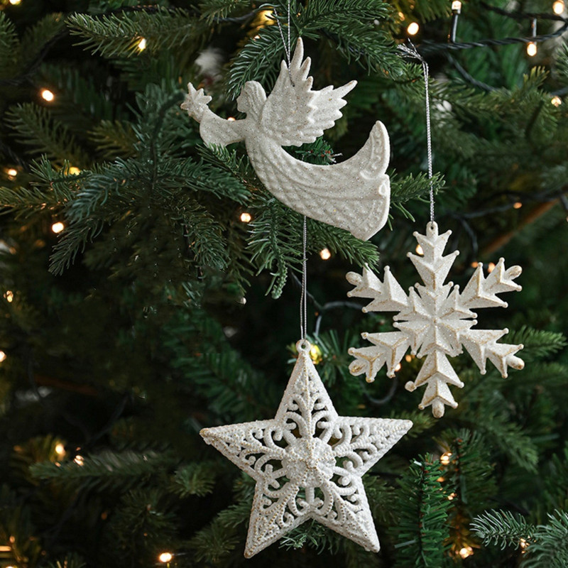 Christmas Tree Hanging Ornaments Snowflake Angel Deer White Pendants Navidad New Year Party Home Xm