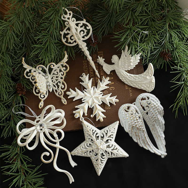 Christmas Tree Hanging Ornaments Snowflake Angel Deer White Pendants Navidad New Year Party Home Xm
