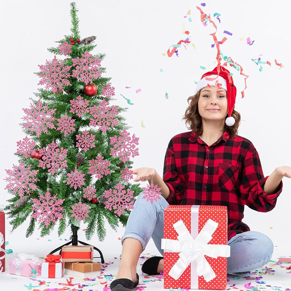 Christmas Venue Decoration, Pink Glitter Plastic Snowflake, Winter Party Supplies, Ornaments for Home, Tree Pendant