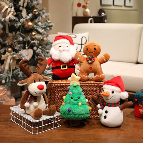Stuffed Father Christmas Sika Deer, Kawaii Soft Christmas Plush Pillow, Green Tree Gingerbread Man Party Decor Gift