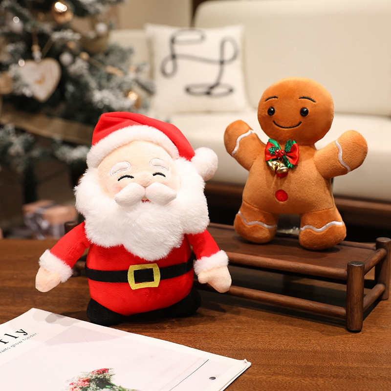 Stuffed Father Christmas Sika Deer, Kawaii Soft Christmas Plush Pillow, Green Tree Gingerbread Man Party Decor Gift