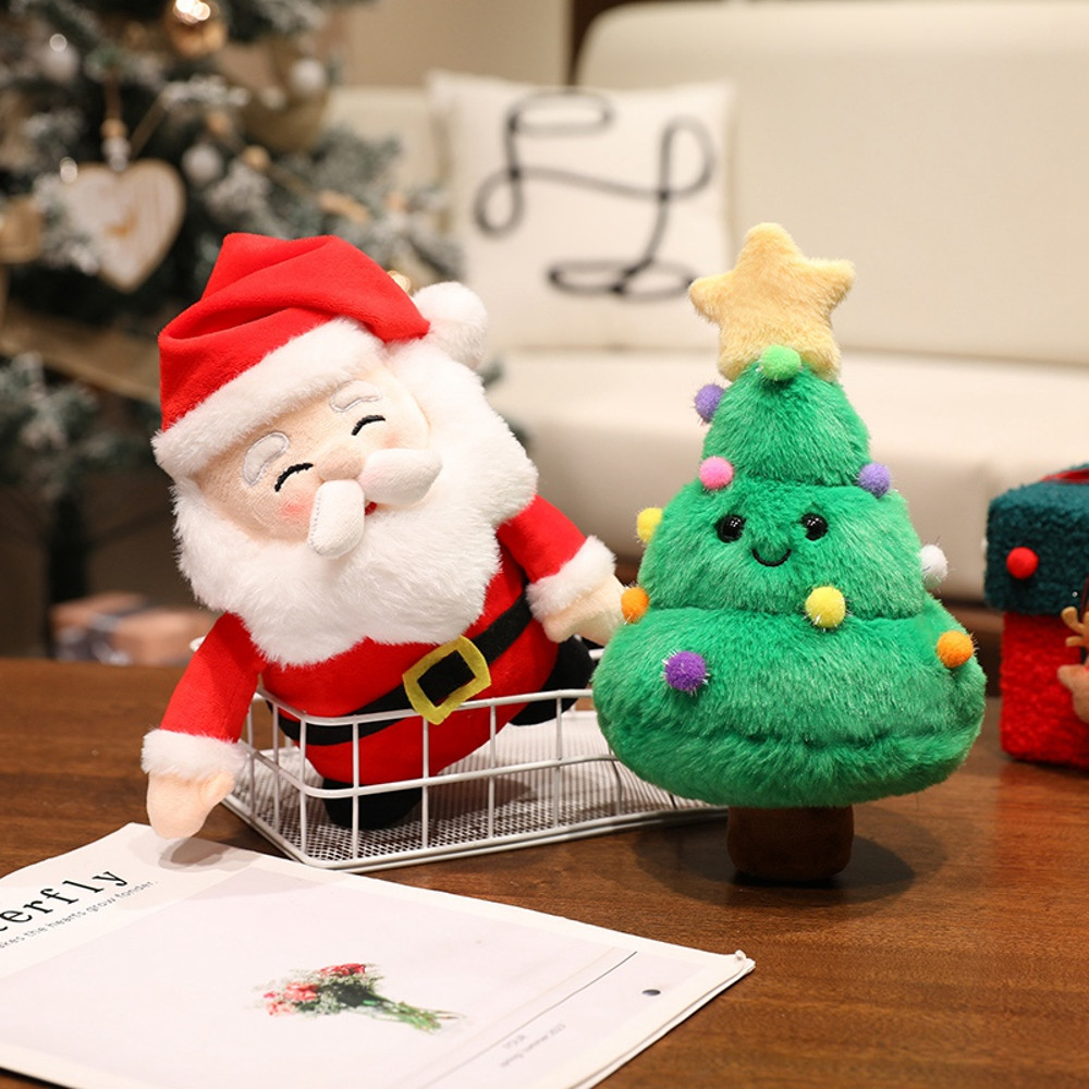 Stuffed Father Christmas Sika Deer, Kawaii Soft Christmas Plush Pillow, Green Tree Gingerbread Man Party Decor Gift