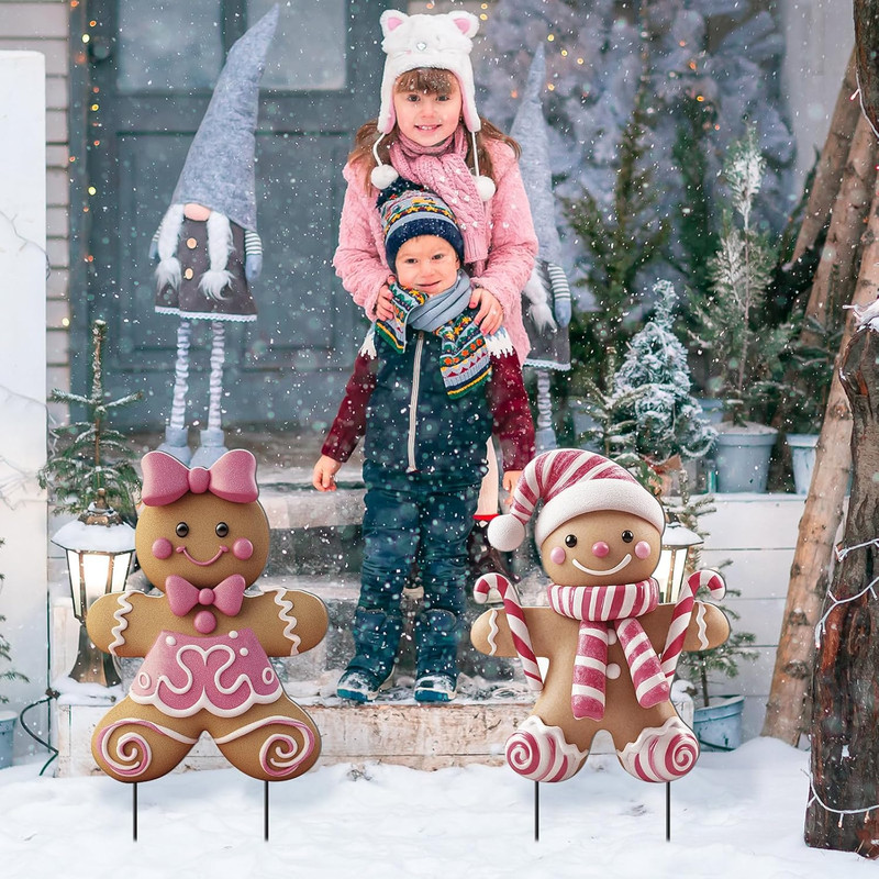 Outdoor Christmas Yard Stakes, 3D Metal Decorations, Boy and Girl Figure, Holiday Lawn Pathway, Winter Xmas Ornaments