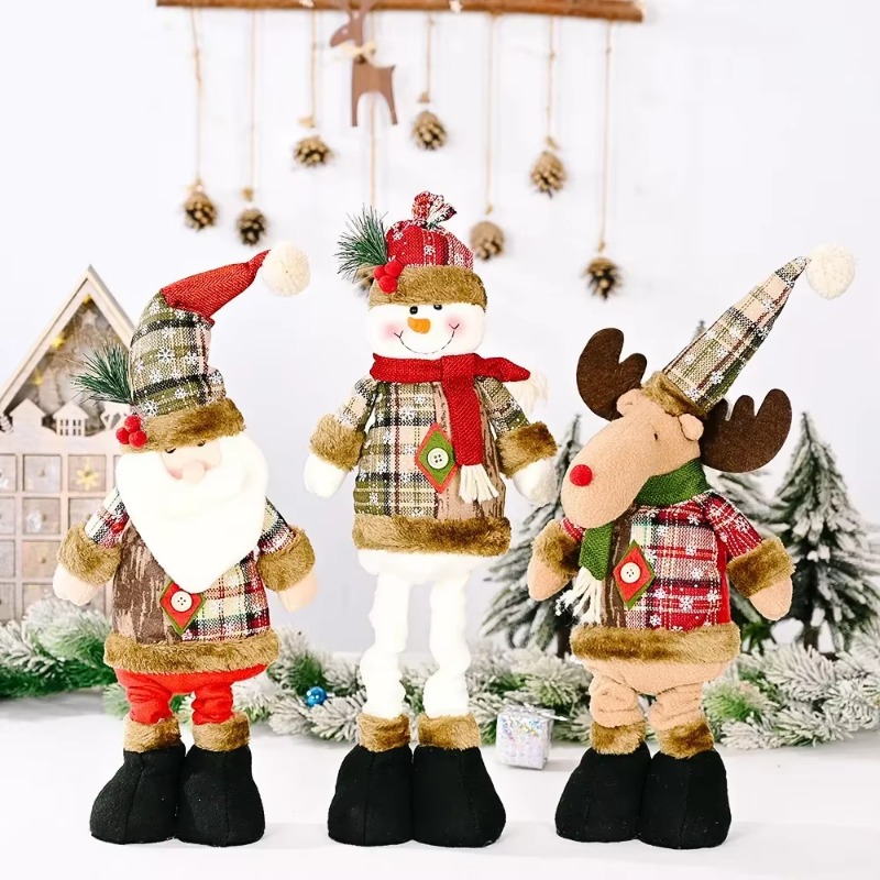 Retractable Snowman, Christmas Ornament, Reindeer Santa Plaid Standing Home Decor Doll, Kids Gift, New Year Decorations