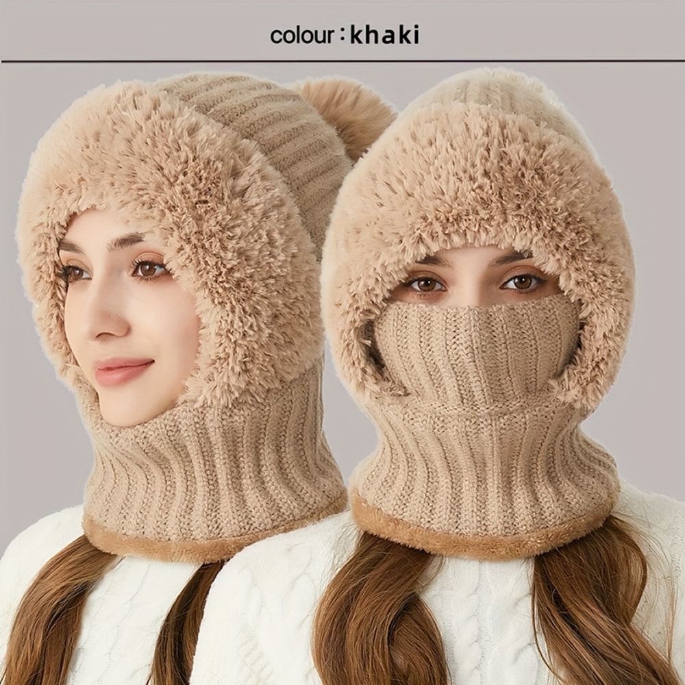 Winter Warm Knitted Hat Fashion Windproof Scarf Mask Onepiece Hat With Fluff Thickening For Women 1