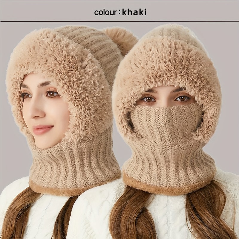 Winter Warm Knitted Hat Fashion Windproof Scarf Mask Onepiece Hat With Fluff Thickening For Women 1