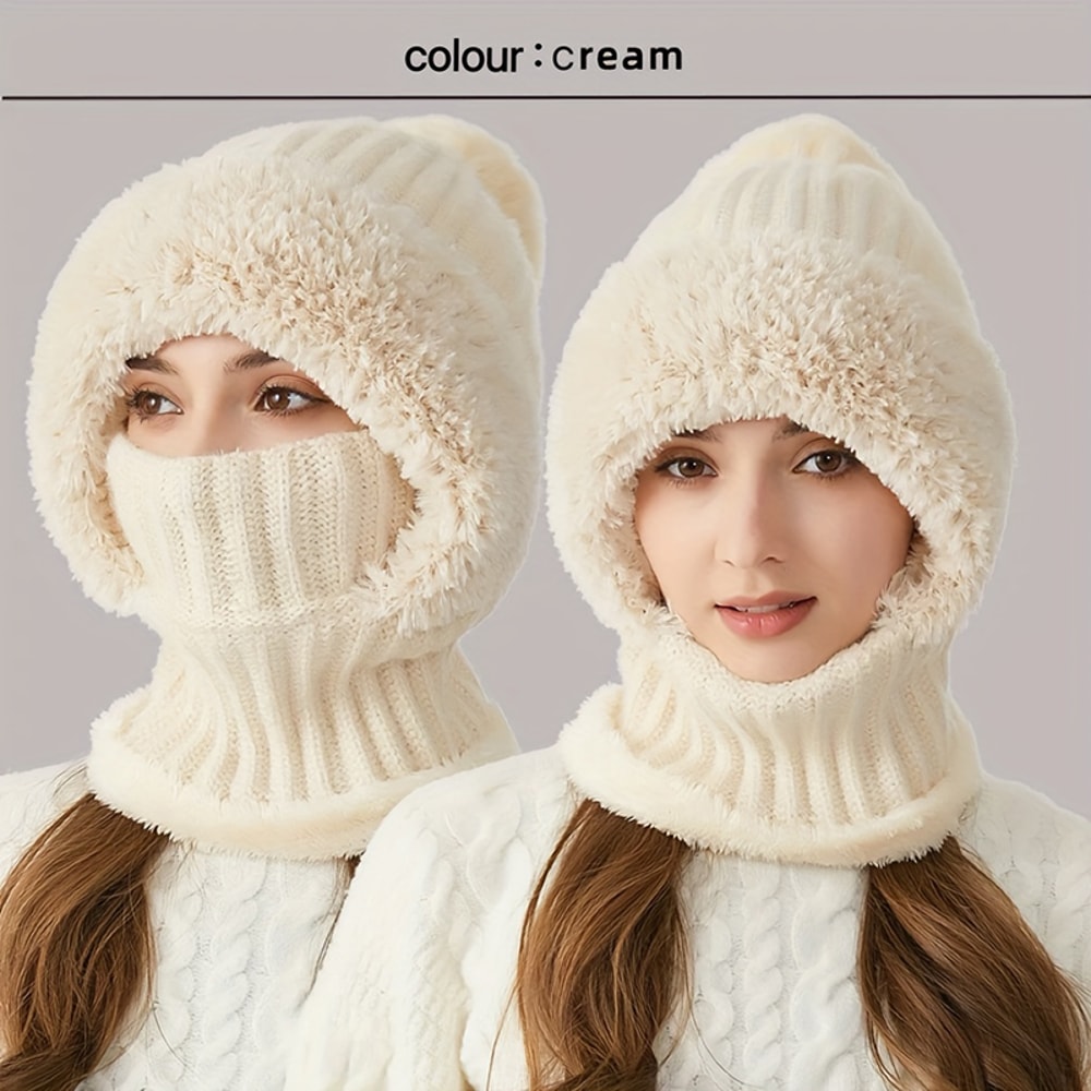 Winter Warm Knitted Hat Fashion Windproof Scarf Mask Onepiece Hat With Fluff Thickening For Women 4
