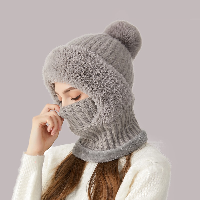 Winter Warm Knitted Hat Fashion Windproof Scarf Mask Onepiece Hat With Fluff Thickening For Women 0