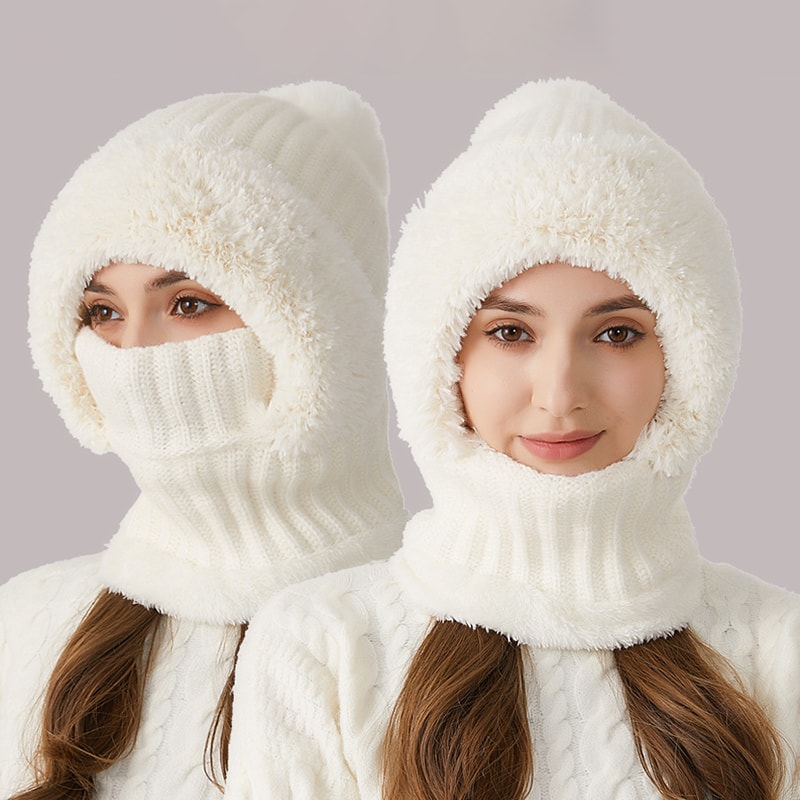 Winter Warm Knitted Hat Fashion Windproof Scarf Mask Onepiece Hat With Fluff Thickening For Women 7