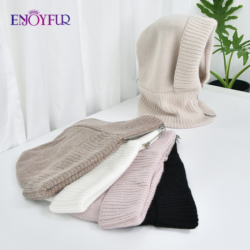Thick Warm Wool Knit Hood Hat Women Winter Balaclava Neck Warmer With Zipper Female Fashion Snow Be 5