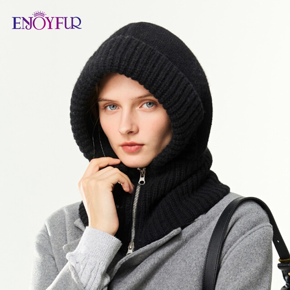Thick Warm Wool Knit Hood Hat Women Winter Balaclava Neck Warmer With Zipper Female Fashion Snow Be 7