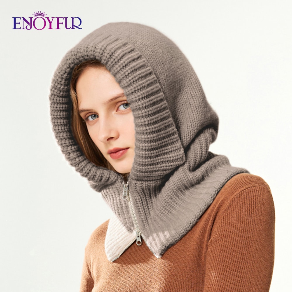 Thick Warm Wool Knit Hood Hat Women Winter Balaclava Neck Warmer With Zipper Female Fashion Snow Be 8