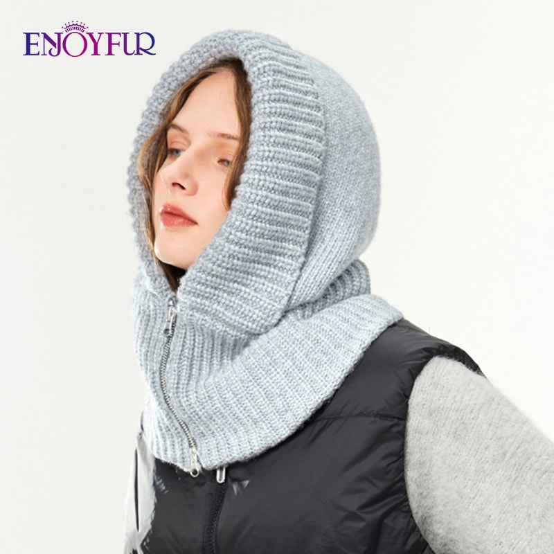 Thick Warm Wool Knit Hood Hat Women Winter Balaclava Neck Warmer With Zipper Female Fashion Snow Be 9