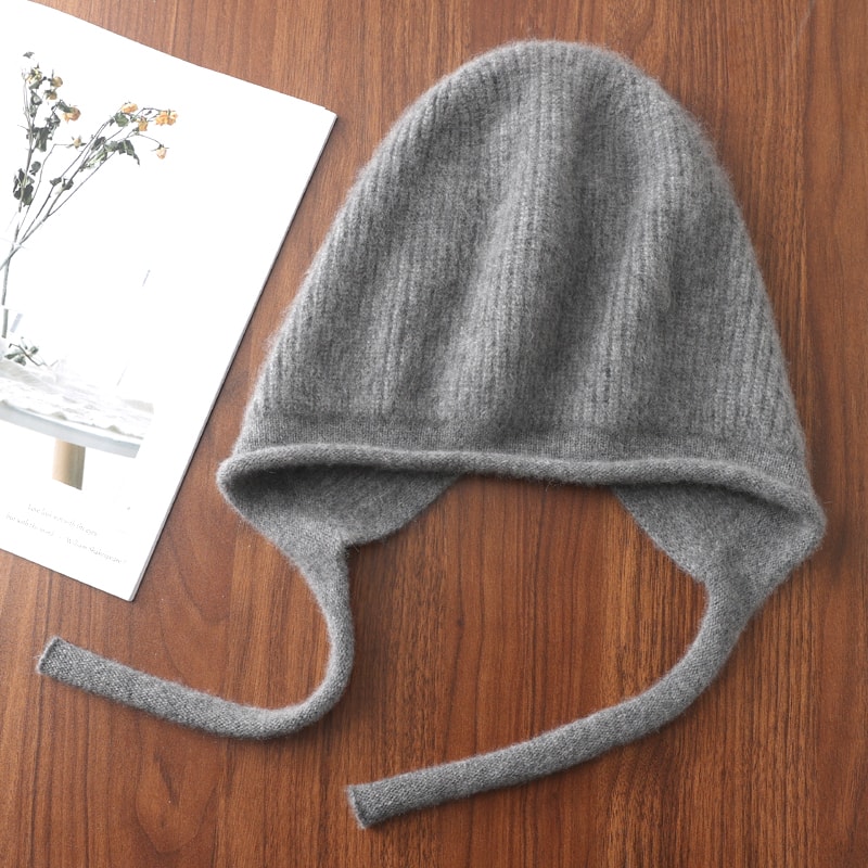 Cute Laceup Womens Winter Knitted Hats Pure Wool Pullover Beanie Windproof Earflap 5