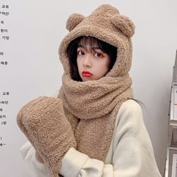 teddy bear hat women's autumn winter plush scarf one-piece hooded gloves three piece warm set