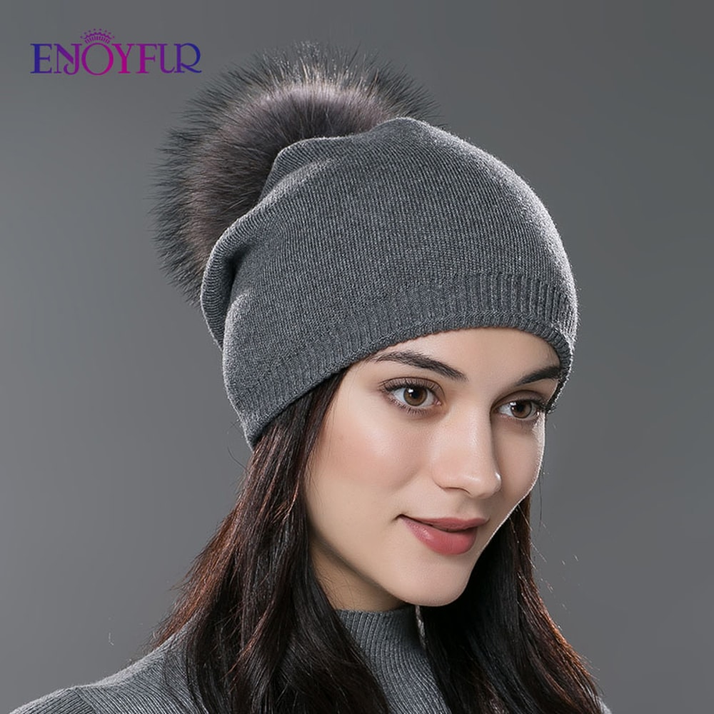 Real Fur Pom Pom Beanies For Women Wool Knitted Thick Warm Winter Lined Fashion Ski Caps Lady Hat 1