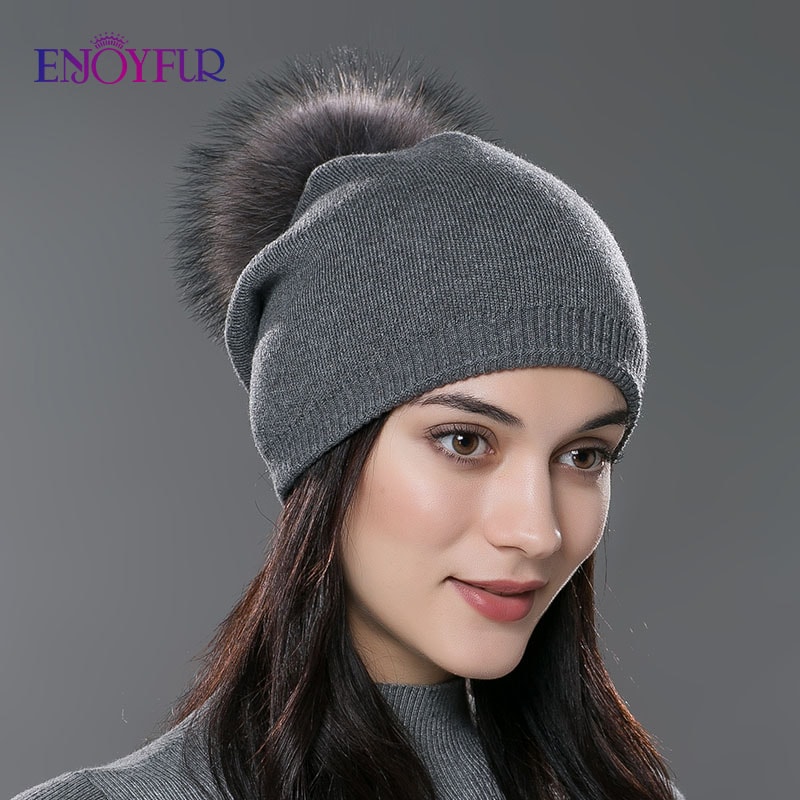 Real Fur Pom Pom Beanies For Women Wool Knitted Thick Warm Winter Lined Fashion Ski Caps Lady Hat 1