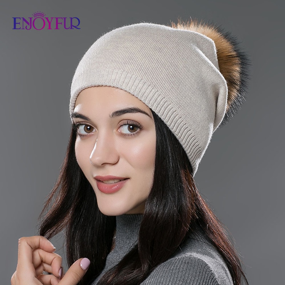 Real Fur Pom Pom Beanies For Women Wool Knitted Thick Warm Winter Lined Fashion Ski Caps Lady Hat 2