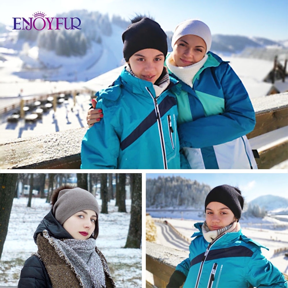 Real Fur Pom Pom Beanies For Women Wool Knitted Thick Warm Winter Lined Fashion Ski Caps Lady Hat 4