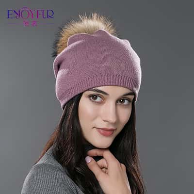 Real Fur Pom Pom Beanies for Women Wool Knitted Thick Warm Winter Lined Fashion Ski Caps Lady Hat
