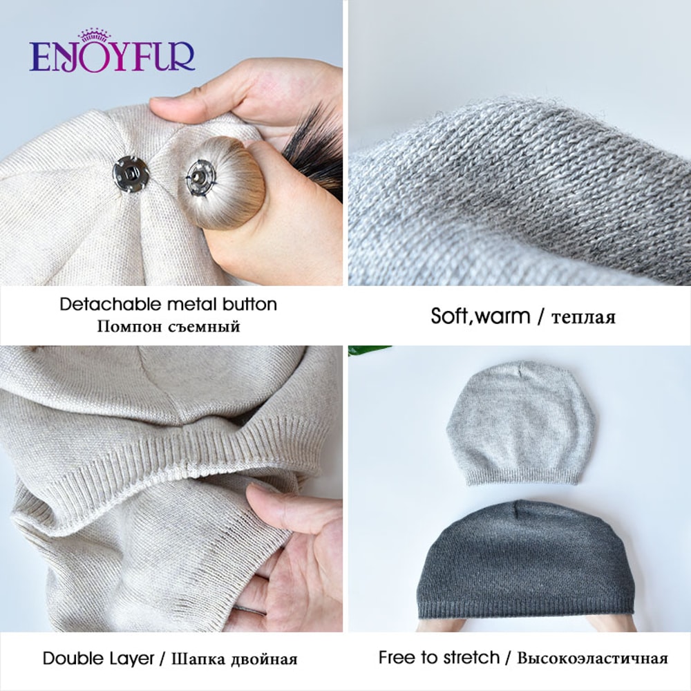 Real Fur Pom Pom Beanies For Women Wool Knitted Thick Warm Winter Lined Fashion Ski Caps Lady Hat 5
