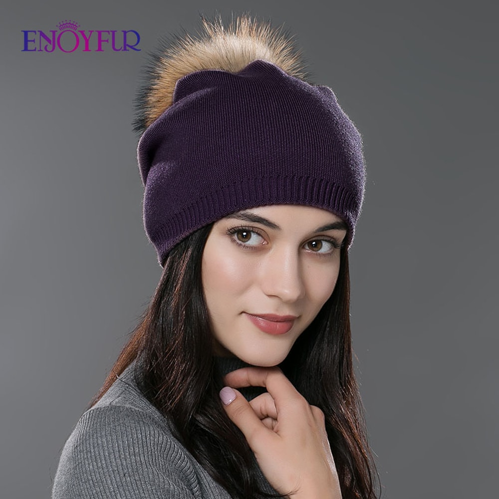 Real Fur Pom Pom Beanies For Women Wool Knitted Thick Warm Winter Lined Fashion Ski Caps Lady Hat 7
