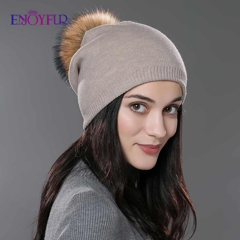 Real Fur Pom Pom Beanies For Women Wool Knitted Thick Warm Winter Lined Fashion Ski Caps Lady Hat 8
