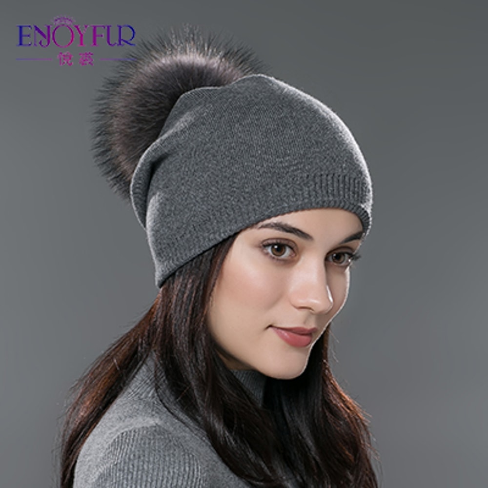 Real Fur Pom Pom Beanies For Women Wool Knitted Thick Warm Winter Lined Fashion Ski Caps Lady Hat 10