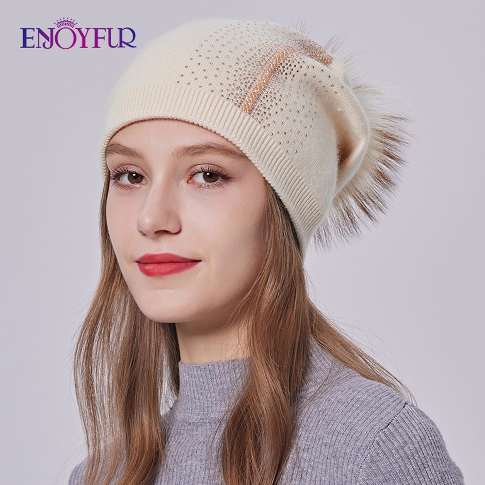 Real Fur Pom Pom Beanies For Women Wool Knitted Thick Warm Winter Lined Fashion Ski Caps Lady Hat 11