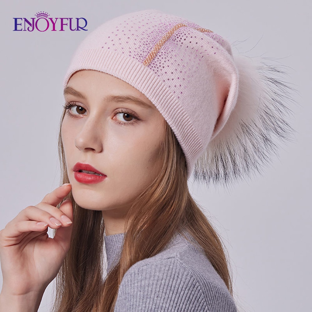 Real Fur Pom Pom Beanies For Women Wool Knitted Thick Warm Winter Lined Fashion Ski Caps Lady Hat 12