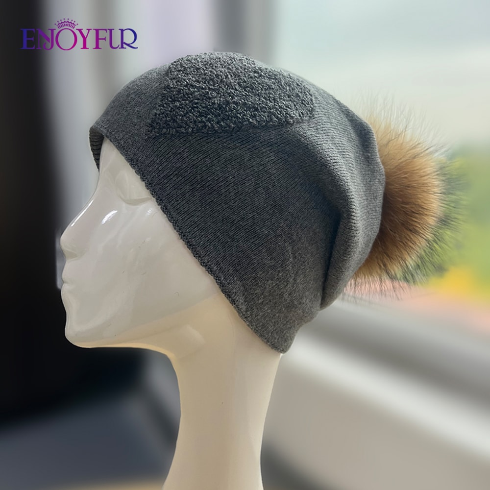 Real Fur Pom Pom Beanies For Women Wool Knitted Thick Warm Winter Lined Fashion Ski Caps Lady Hat 13