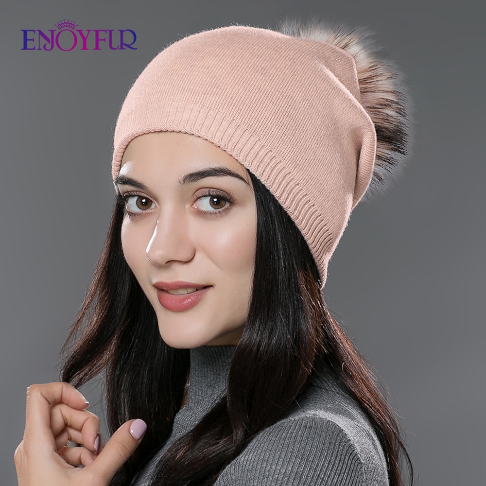 Real Fur Pom Pom Beanies for Women Wool Knitted Thick Warm Winter Lined Fashion Ski Caps Lady Hat