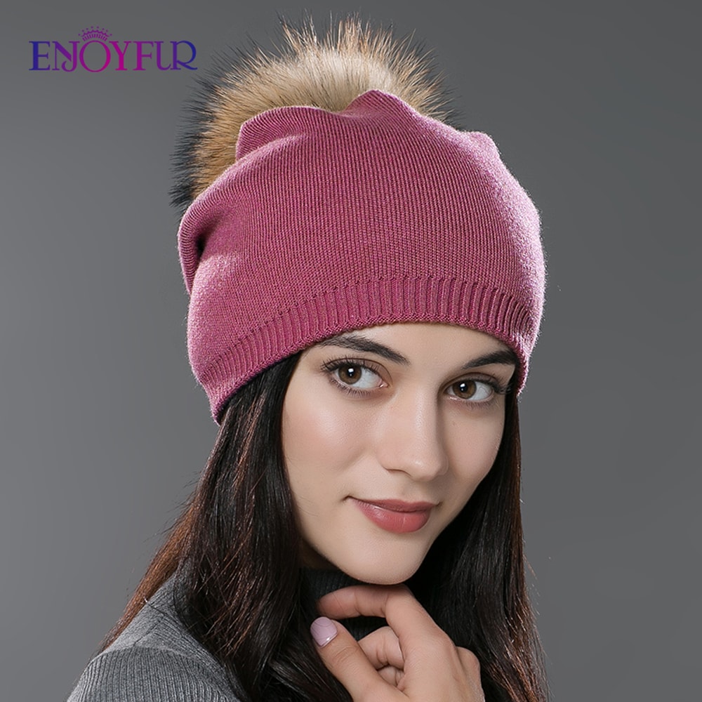 Real Fur Pom Pom Beanies for Women Wool Knitted Thick Warm Winter Lined Fashion Ski Caps Lady Hat