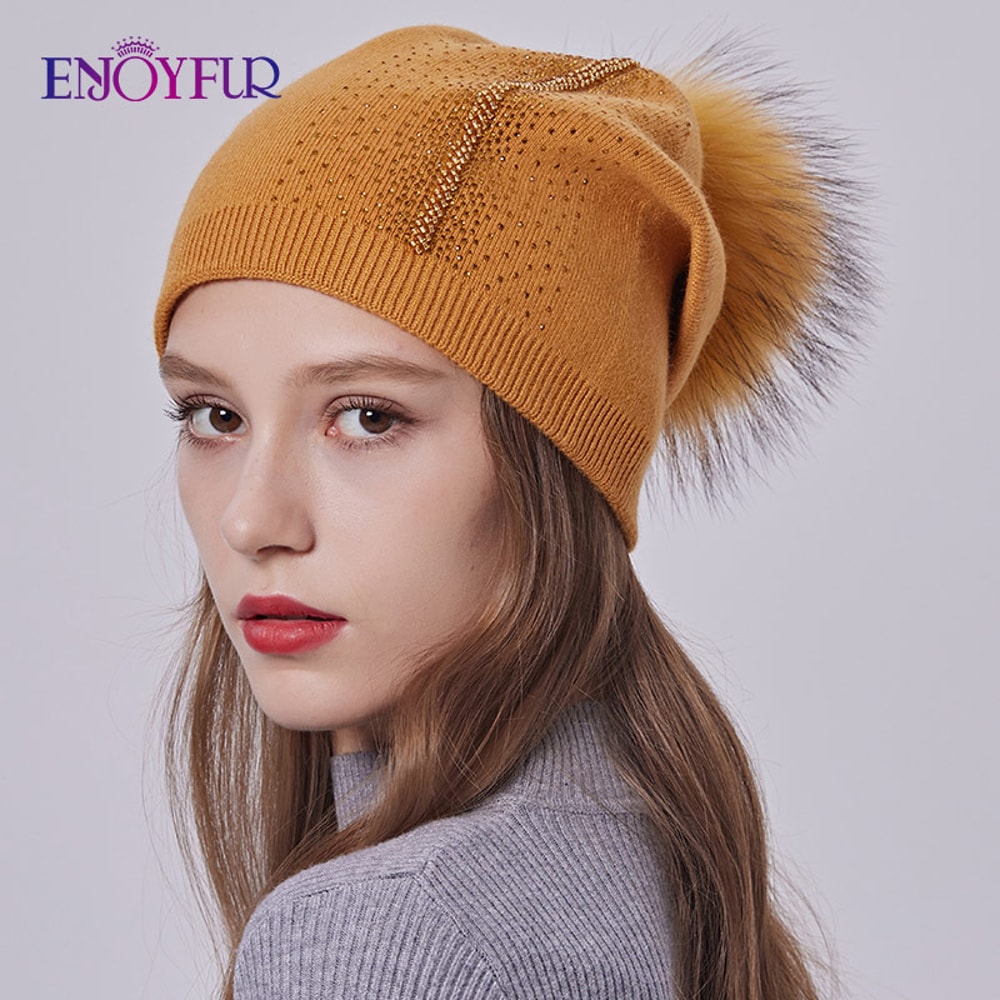 Real Fur Pom Pom Beanies for Women Wool Knitted Thick Warm Winter Lined Fashion Ski Caps Lady Hat