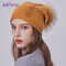 Real Fur Pom Pom Beanies for Women Wool Knitted Thick Warm Winter Lined Fashion Ski Caps Lady Hat