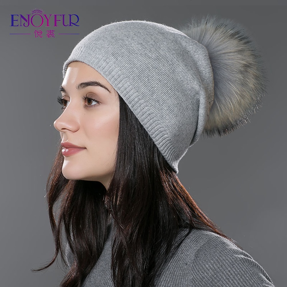 Real Fur Pom Pom Beanies for Women Wool Knitted Thick Warm Winter Lined Fashion Ski Caps Lady Hat